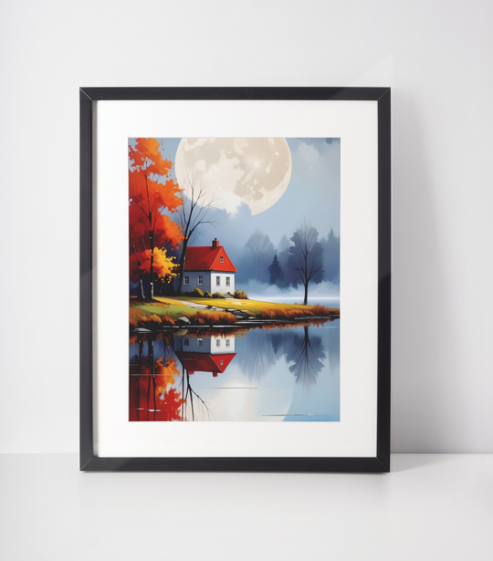 Autumn landscape with a small white cottage and red roof beside a calm lake, surrounded by vibrant red and orange trees, under a large glowing full moon with a perfect reflection in the water.