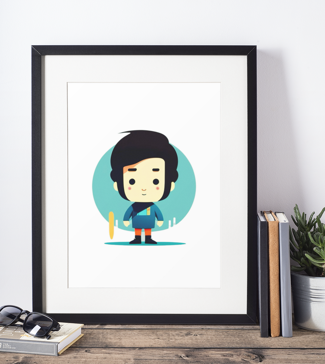 Framed illustration of a character on a white wall with books and a plant below.
