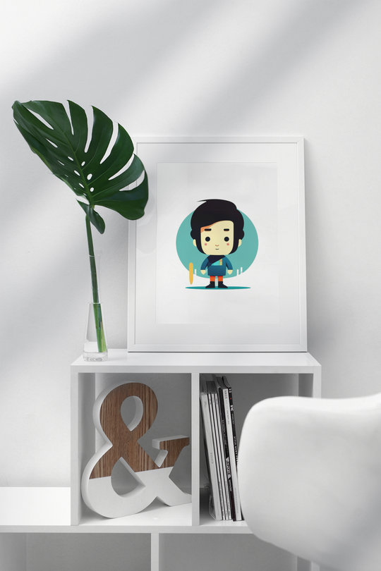 Framed illustration of a character on a white shelf with a plant and books.