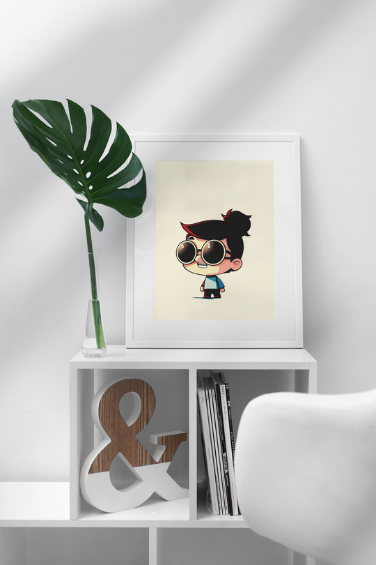 Framed artwork of a cartoon character with sunglasses on a white shelf. Playful cartoon figure wearing shades and a casual outfit, on a minimalist background.