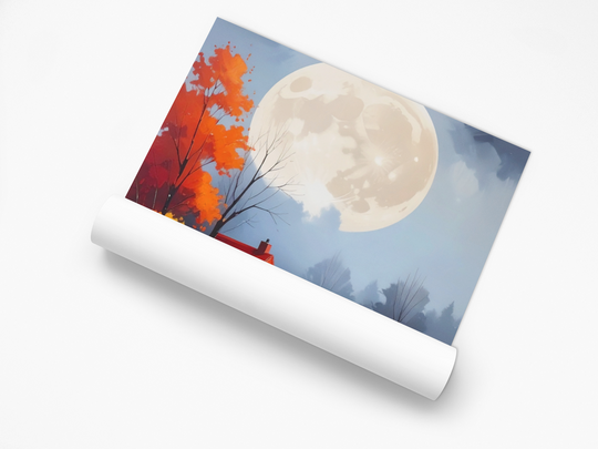 Roll of paper with a design of trees with autumn leaves and a large moon on a blue sky.