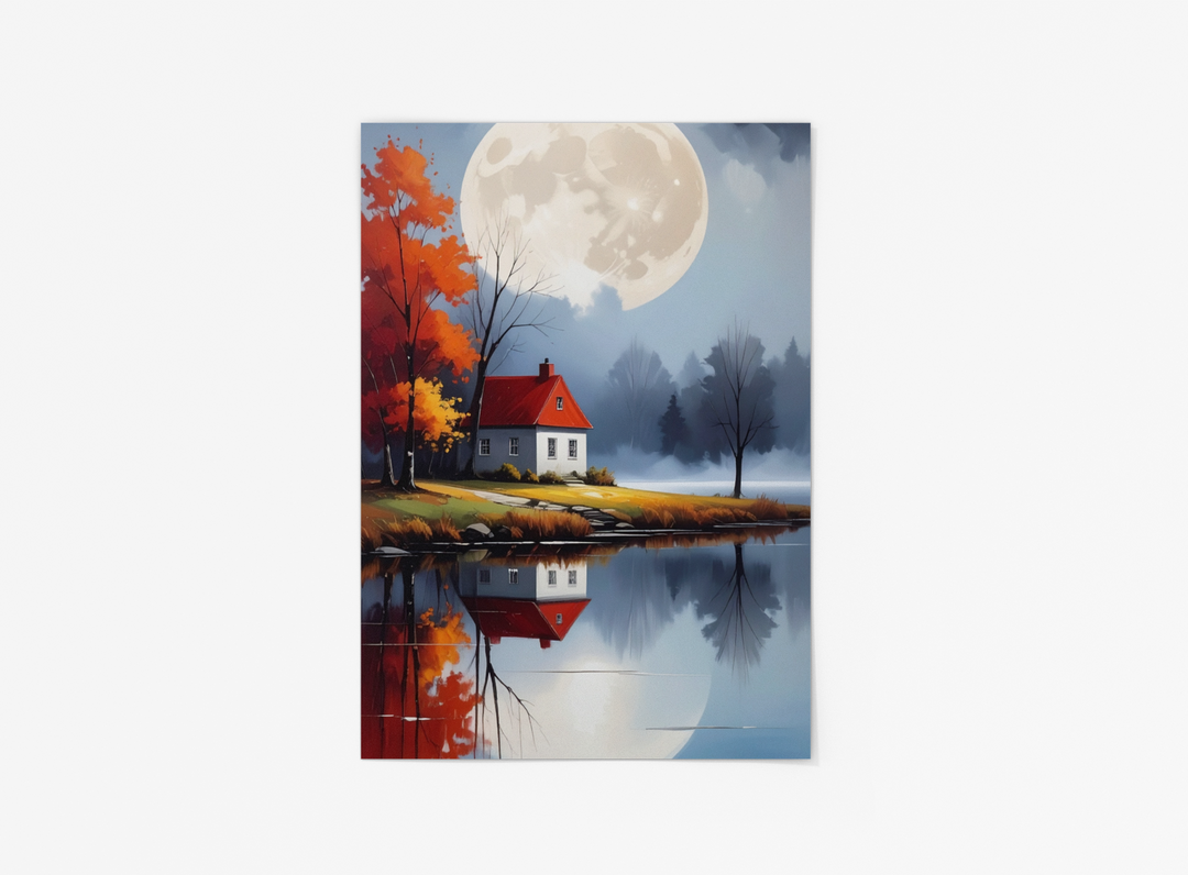Autumn landscape with a small white cottage and red roof beside a calm lake, surrounded by vibrant red and orange trees, under a large glowing full moon with a perfect reflection in the water.