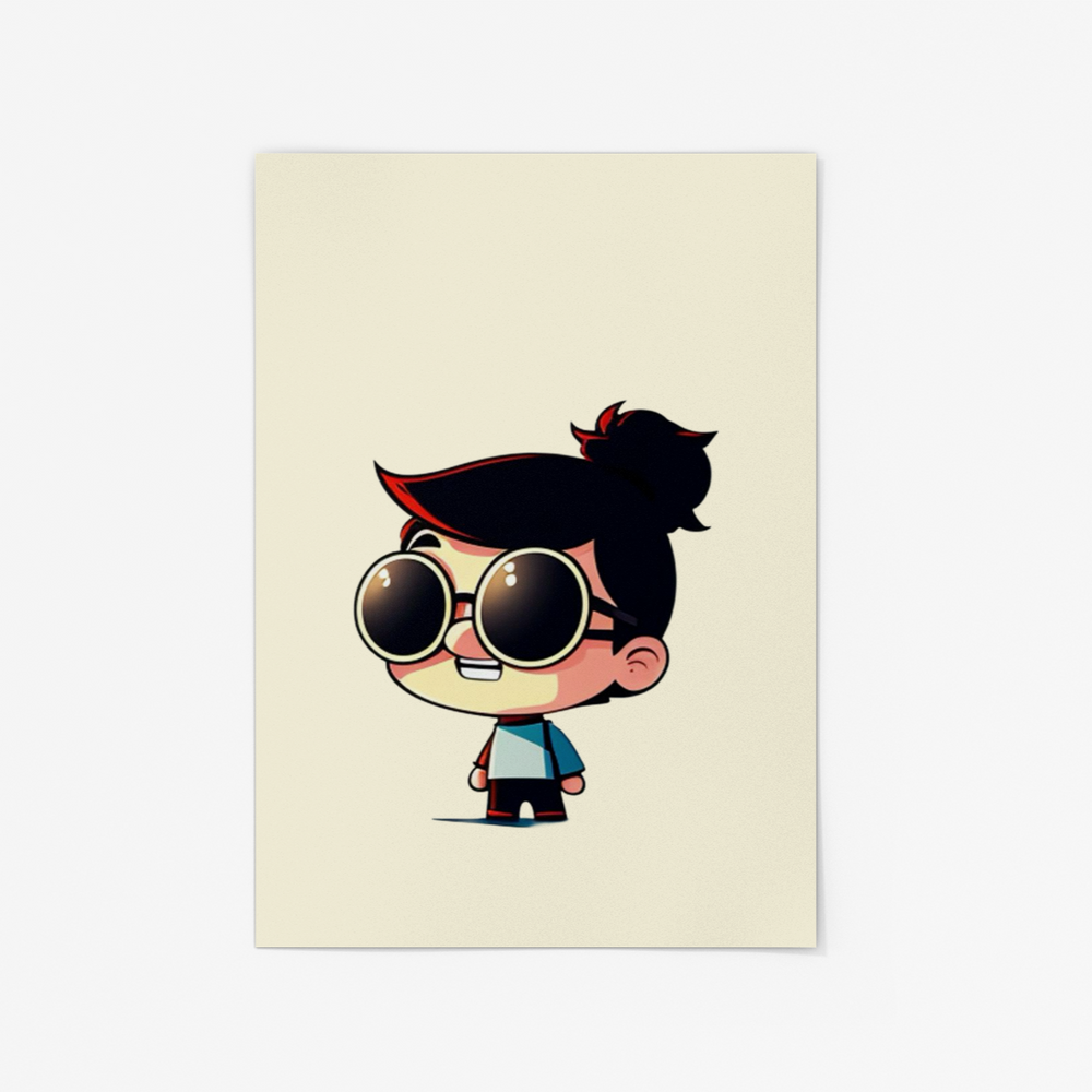 Cartoon character with sunglasses on a beige background. Adorable cartoon child character with big round sunglasses and a confident smile.