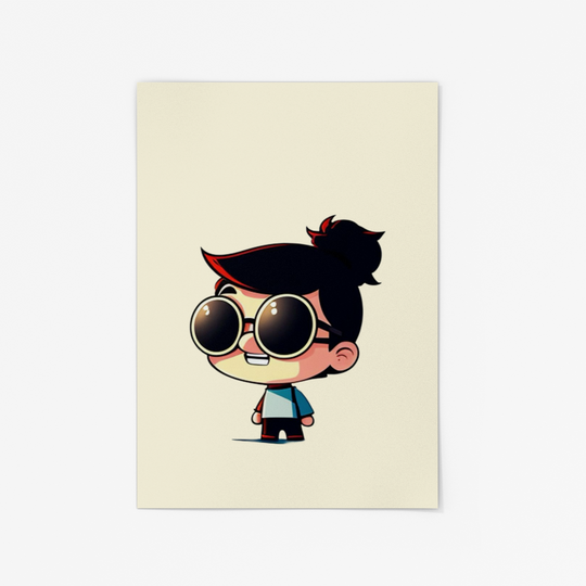 Cartoon character with sunglasses on a beige background. Adorable cartoon child character with big round sunglasses and a confident smile.