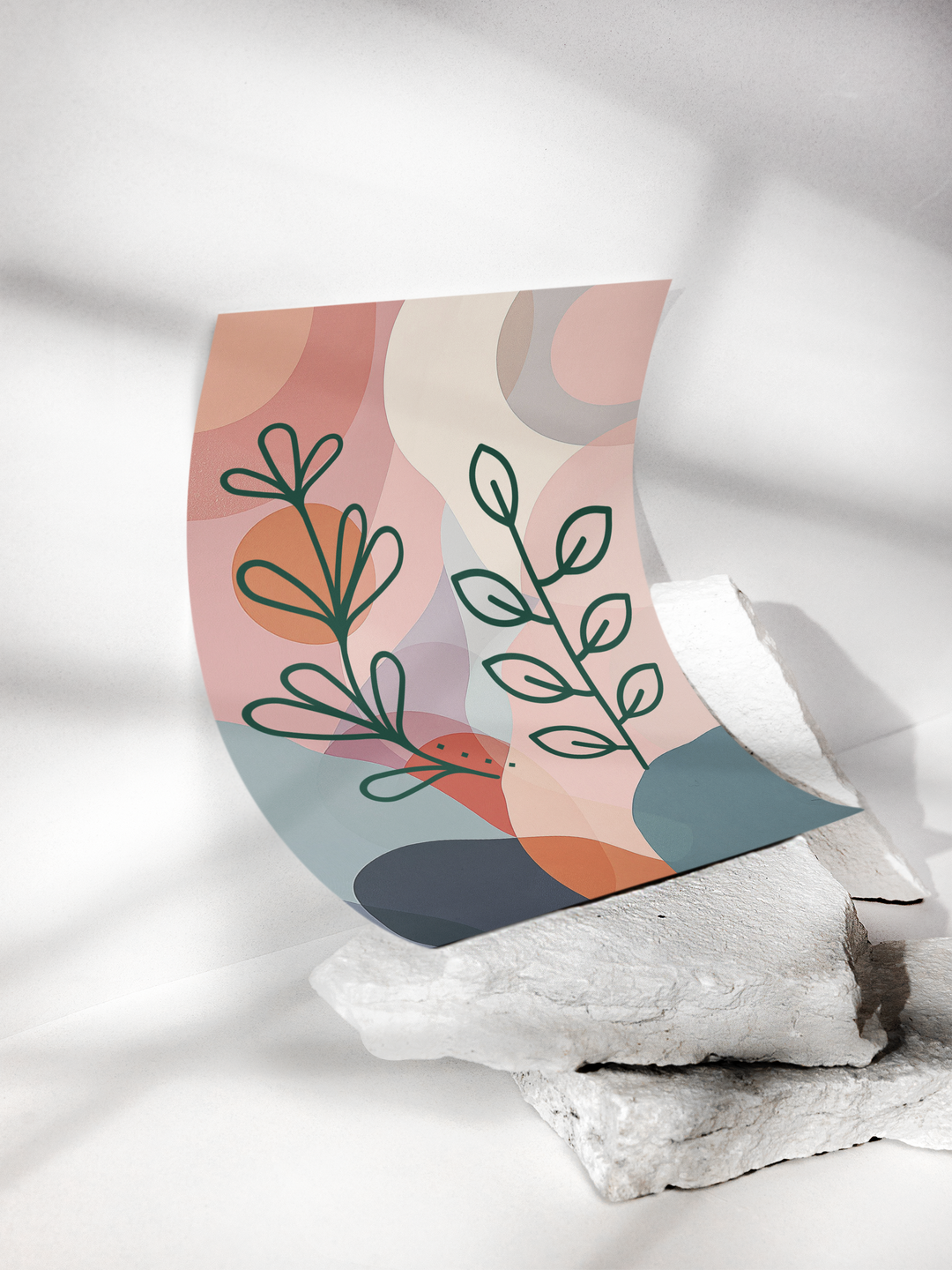 Abstract art print with geometric shapes and leaves on a white background