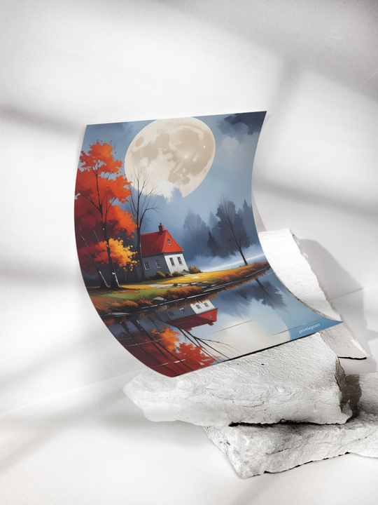 Autumn landscape with a small white cottage and red roof beside a calm lake, surrounded by vibrant red and orange trees, under a large glowing full moon with a perfect reflection in the water.