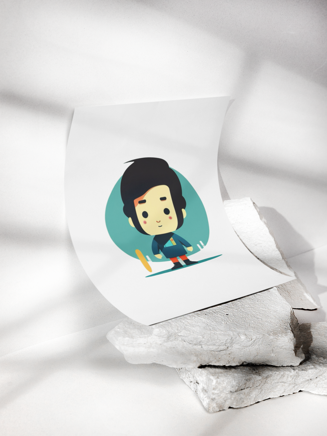 Cute cartoon illustration of a chibi-style boy with big hair, red shorts, and a teal shirt, standing confidently in front of a circular blue-green background.