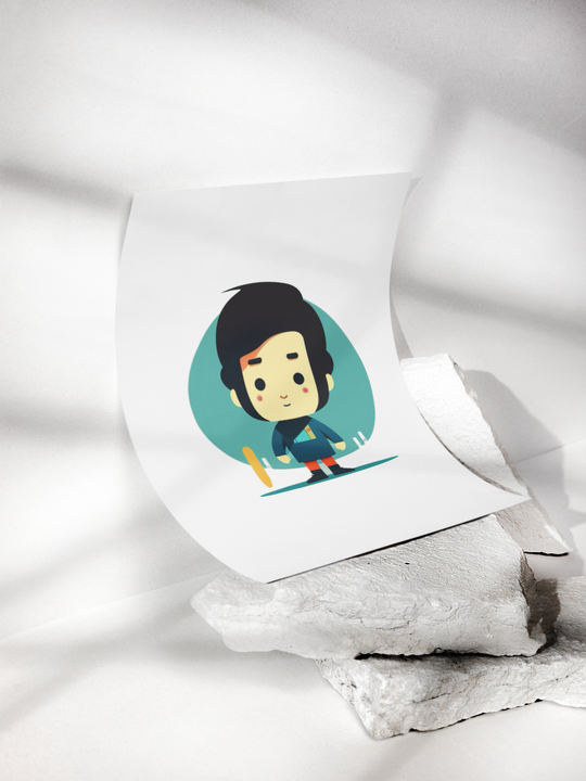 Cute cartoon illustration of a chibi-style boy with big hair, red shorts, and a teal shirt, standing confidently in front of a circular blue-green background.