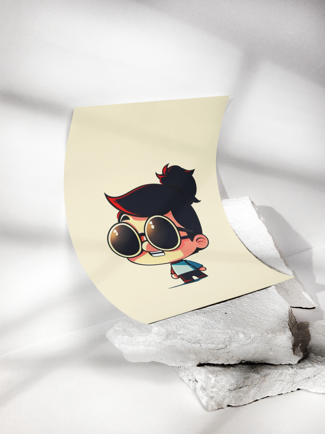 Cartoon character with sunglasses on a beige background, draped over a white fabric.