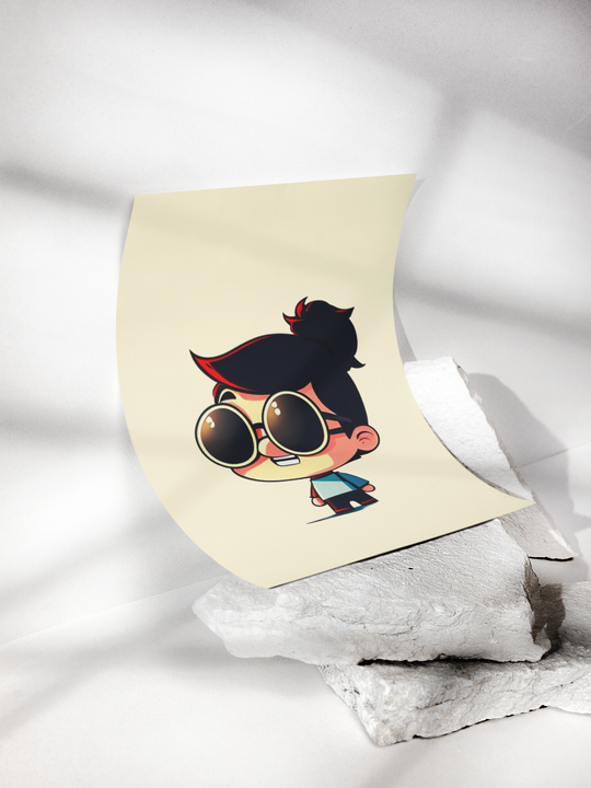 Cartoon character with sunglasses on a beige background, draped over a white fabric.