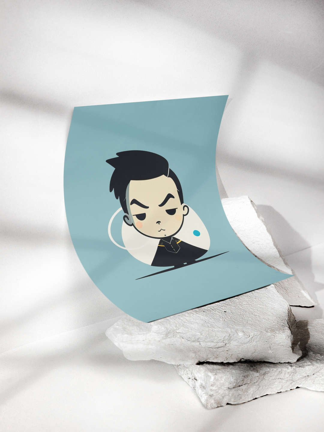 Cartoon character on a blue background draped over a white fabric