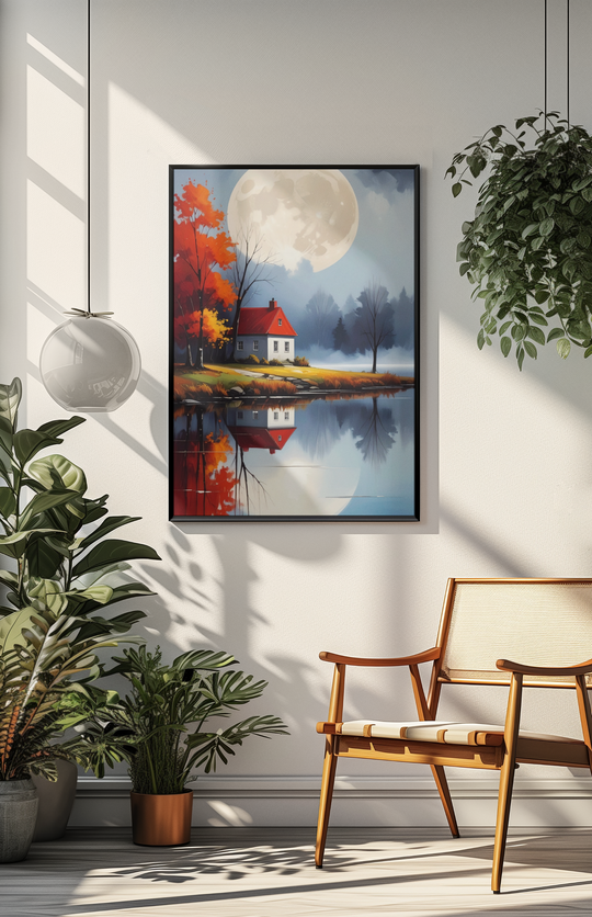 Framed artwork of a moonlit landscape with a house over a lake, placed on a wall above a chair.