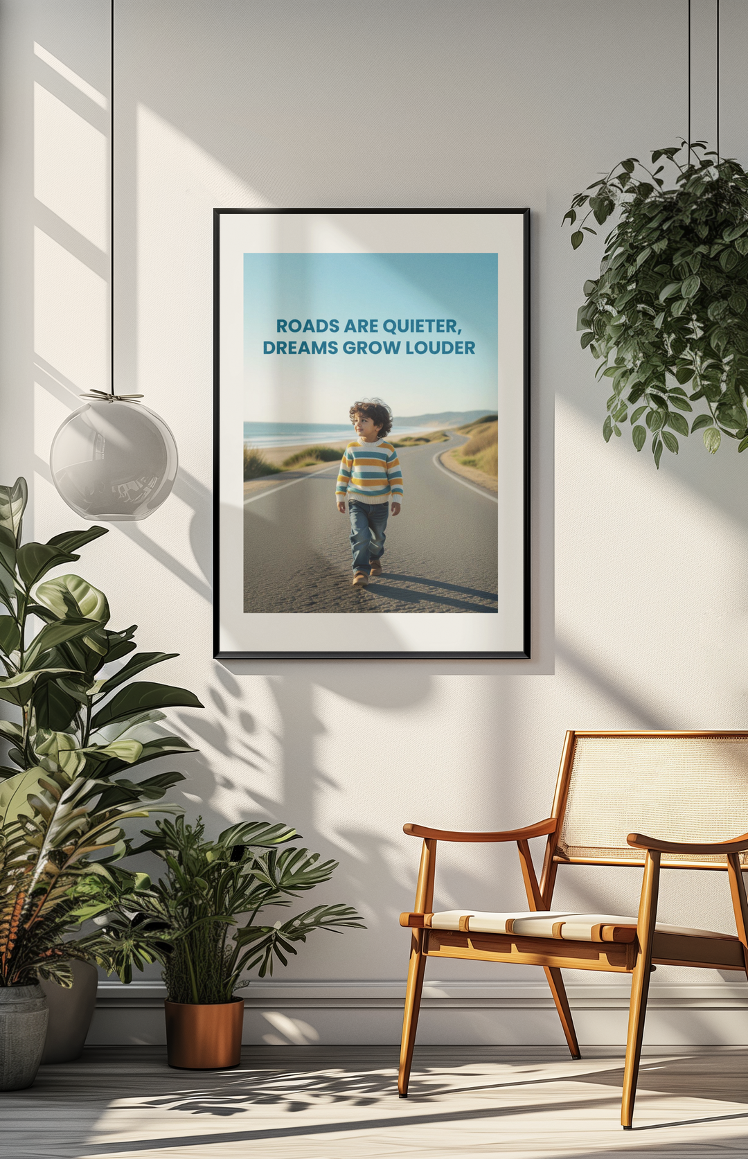 Framed print of a child walking on a road with 'Roads are quieter, dreams grow louder' text in a room with plants and a chair.