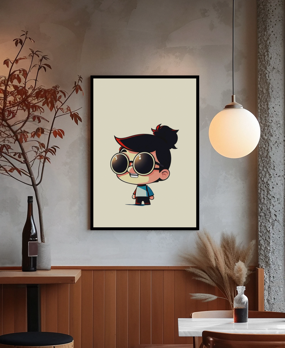Framed cartoon character on a wall in a room with decor elements.