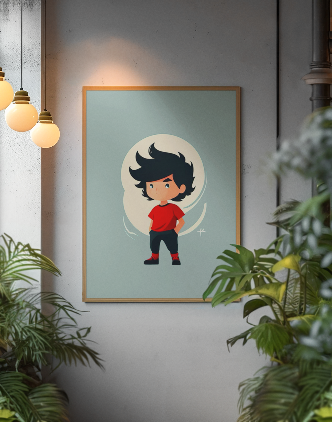 Framed illustration of a character with black hair and red shirt on a light blue background, surrounded by plants.