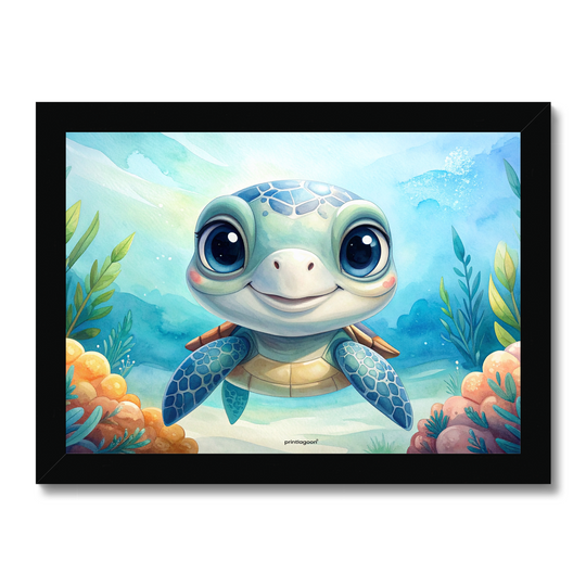 Framed artwork of a cartoon turtle in an underwater scene with coral and plants.