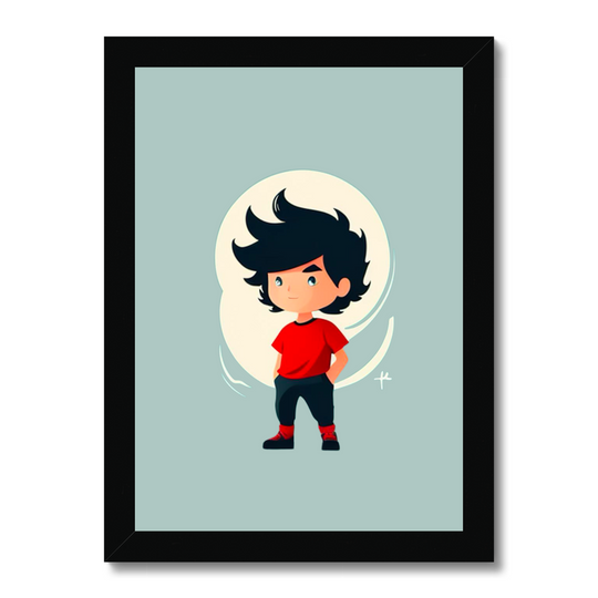 Framed artwork of a cartoon character with black hair and red shirt on a light blue background