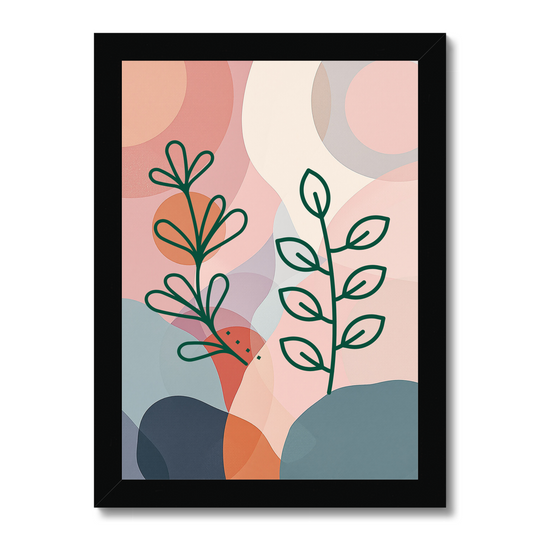 Framed abstract art print with green leaves on a colorful background