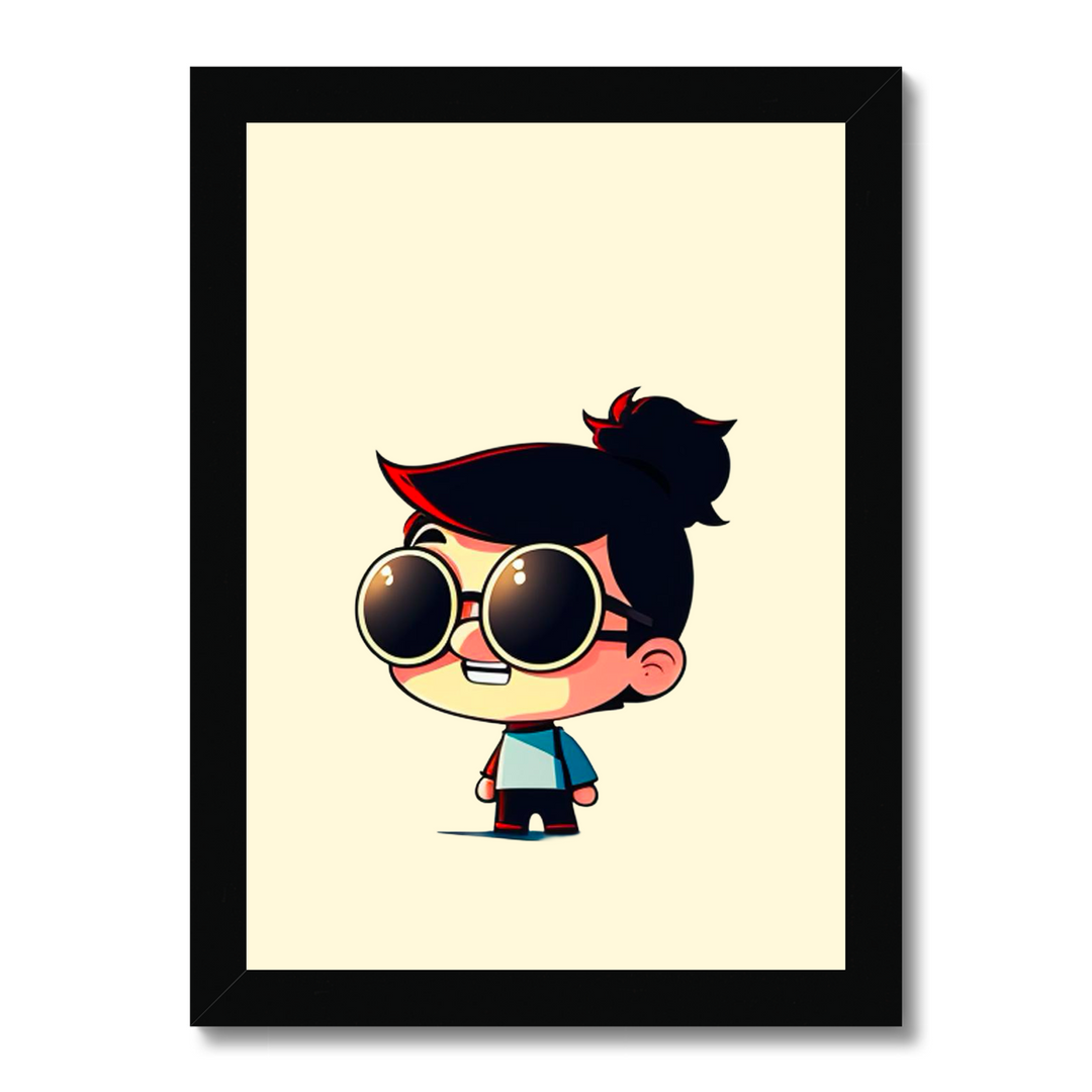 Framed artwork of a cartoon character with sunglasses on a beige background