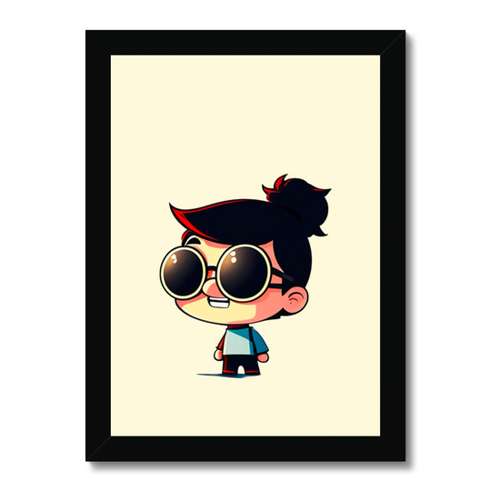 Framed artwork of a cartoon character with sunglasses on a beige background