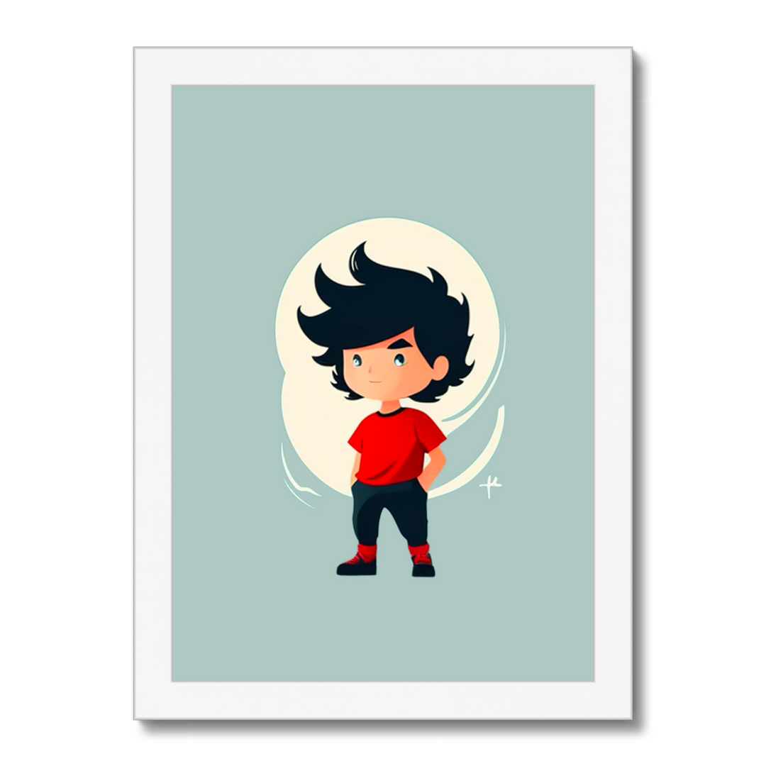 Framed artwork of a cartoon character with black hair and red shirt on a light blue background
