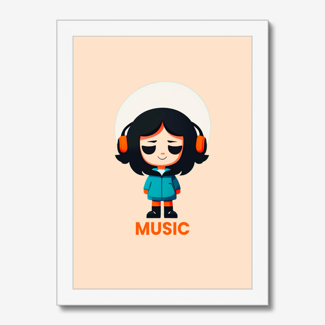 Illustration of a character wearing headphones with 'MUSIC' text on a beige background