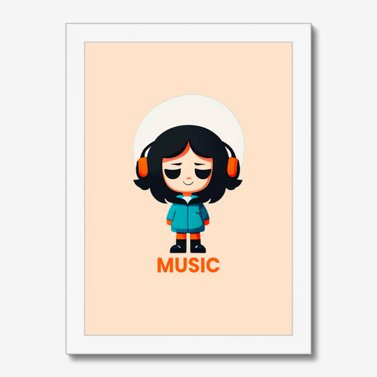 Illustration of a character wearing headphones with 'MUSIC' text on a beige background