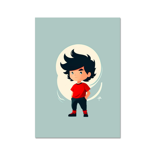 Illustration of a character with black hair and red shirt on a light blue background