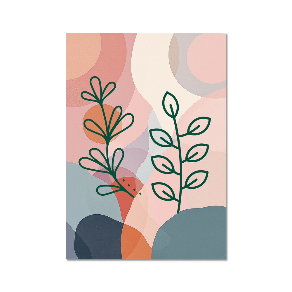 Abstract art print with green leafy plants on a colorful abstract background
