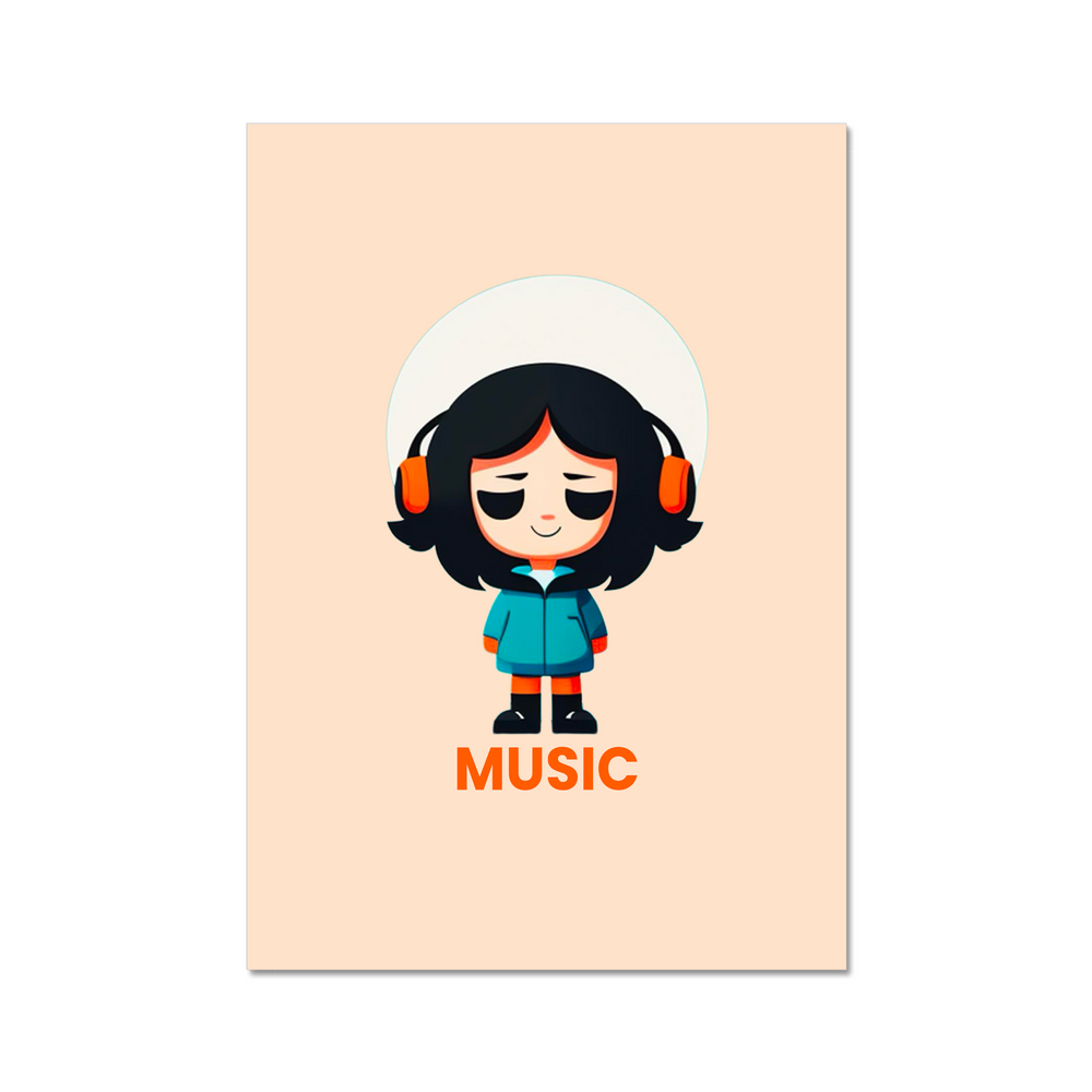 Illustration of a character wearing headphones with 'MUSIC' text on a beige background