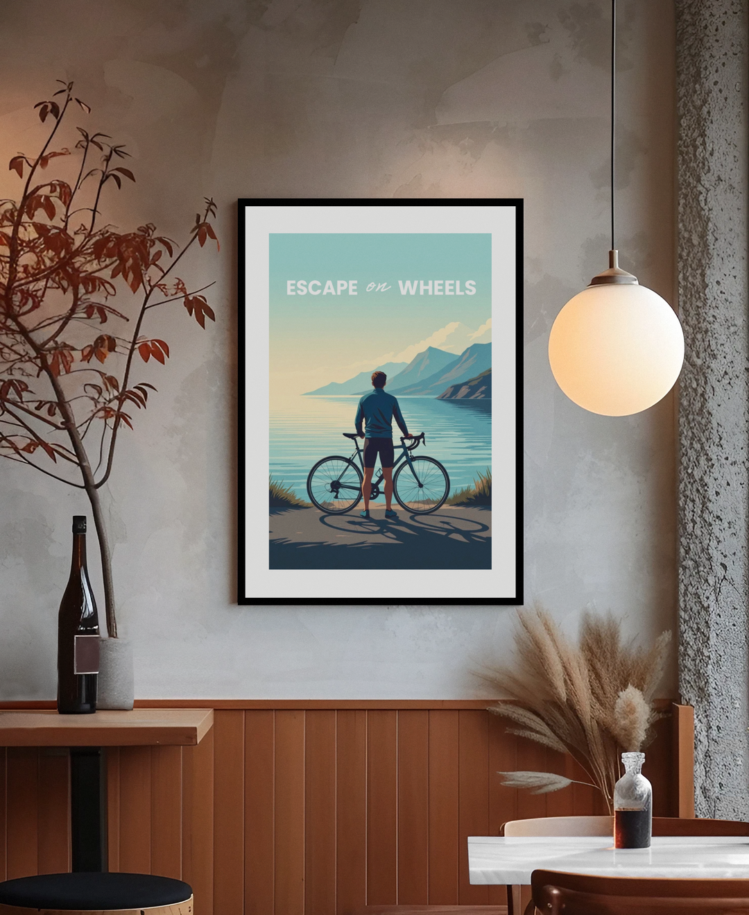 Framed cartoon character on a wall in a room with decor elements.