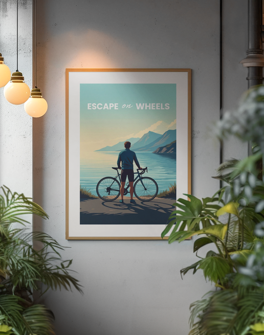 Framed illustration of a character with black hair and red shirt on a light blue background, surrounded by plants.