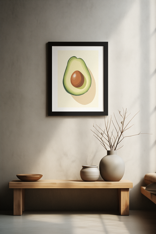 Framed artwork of a stylized character on a wall above a wooden bench with decorative items.