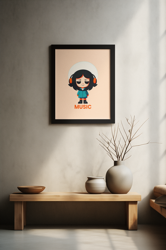 Framed artwork of a cartoon character with headphones on a wall above a wooden bench.