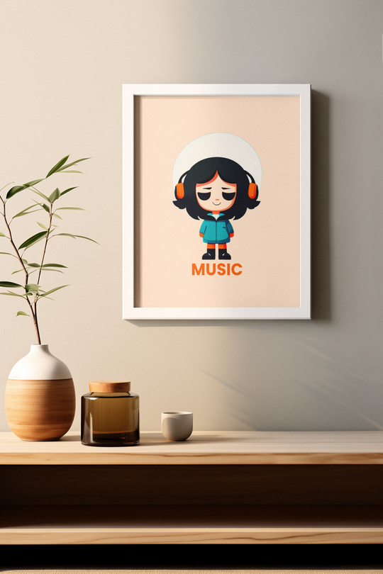 Framed artwork of a character wearing headphones with 'MUSIC' text on a beige wall.