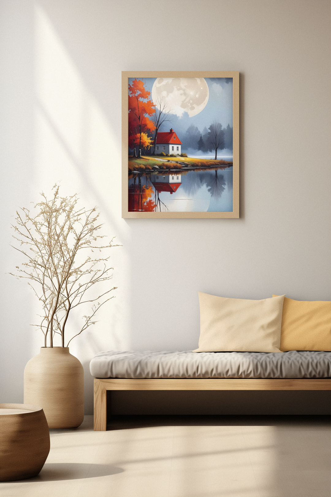 Framed artwork of a moonlit landscape with a house over a lake in a living room.