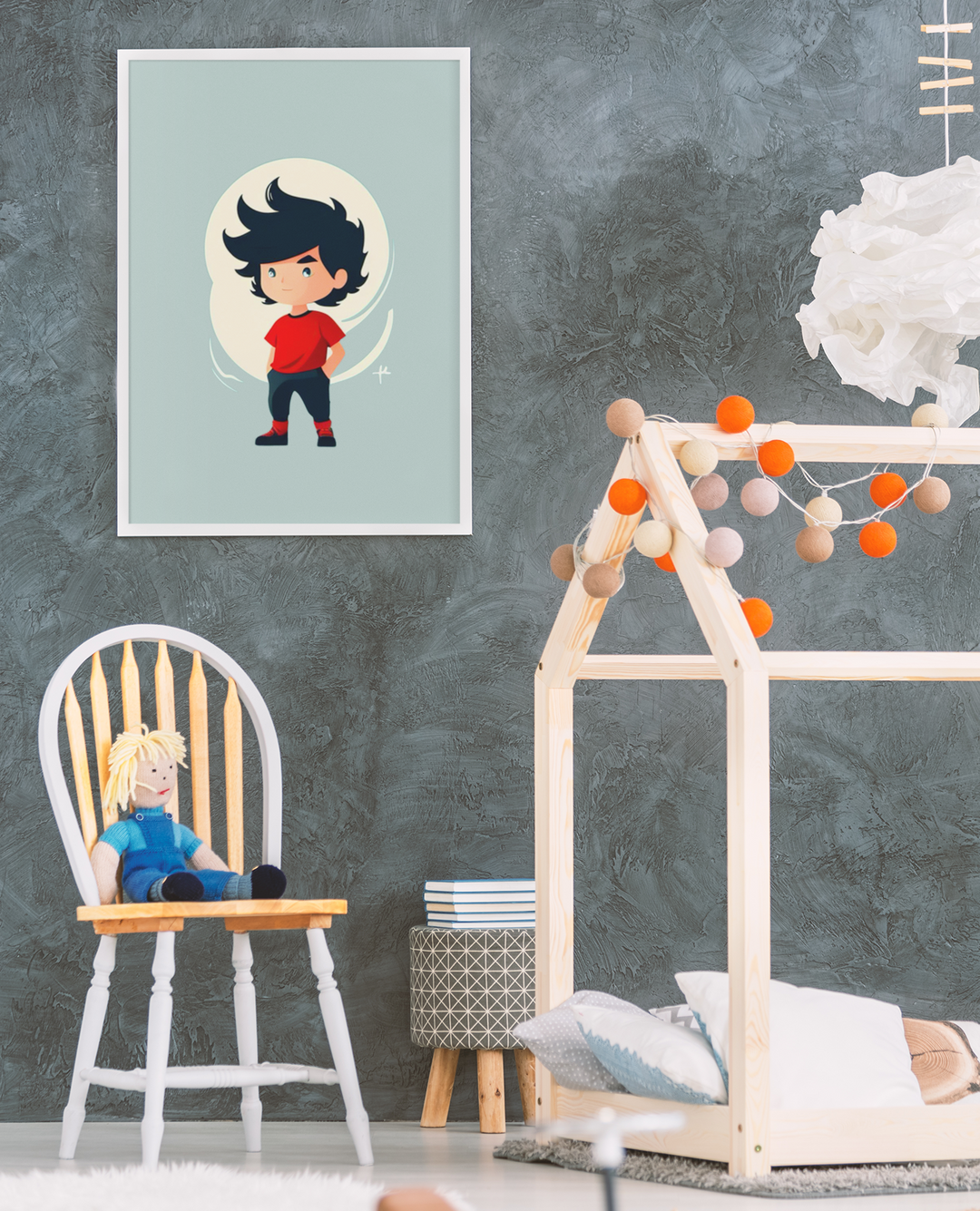 Children's room with a framed illustration of a character on the wall, a chair with a doll, and a wooden house-shaped bed.