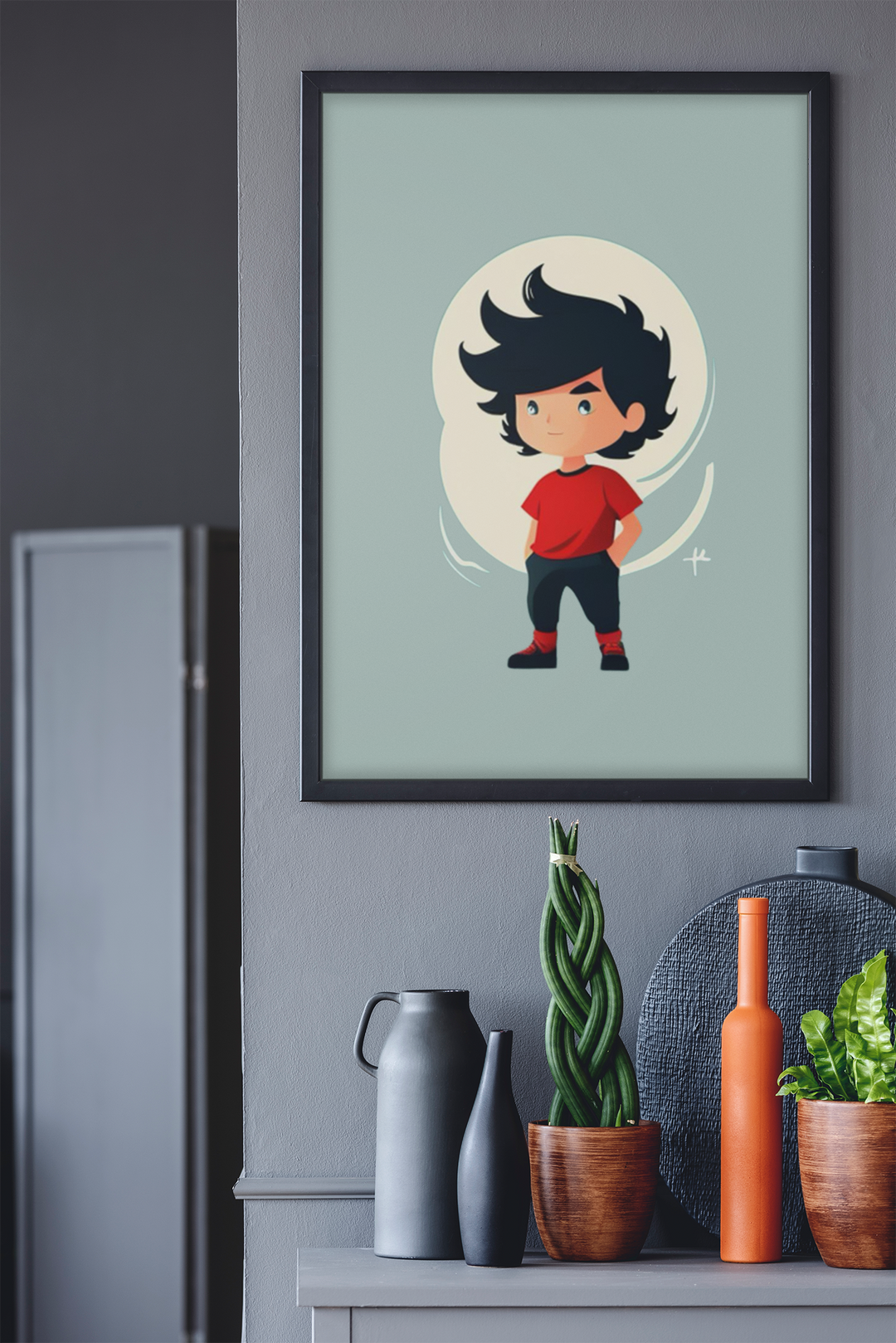 Framed illustration of a character on a wall above a shelf with decorative items.