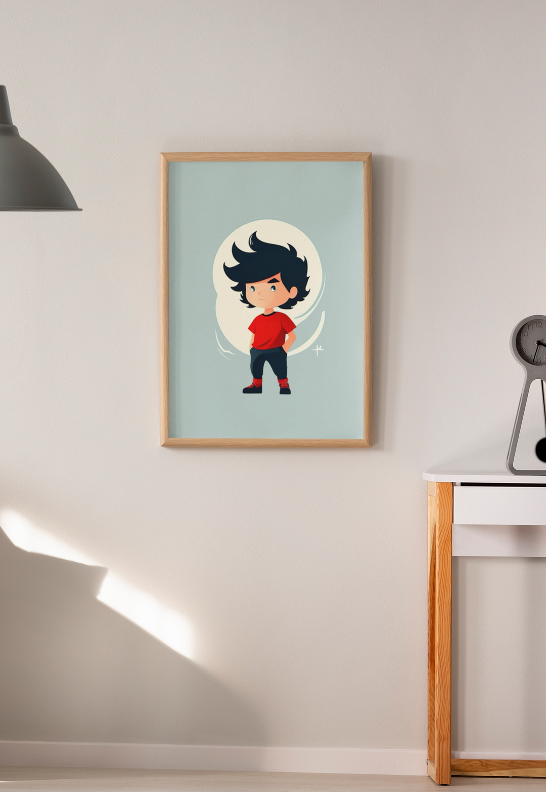 Framed illustration of a character with dark hair and a red shirt on a light blue background, hanging on a wall.