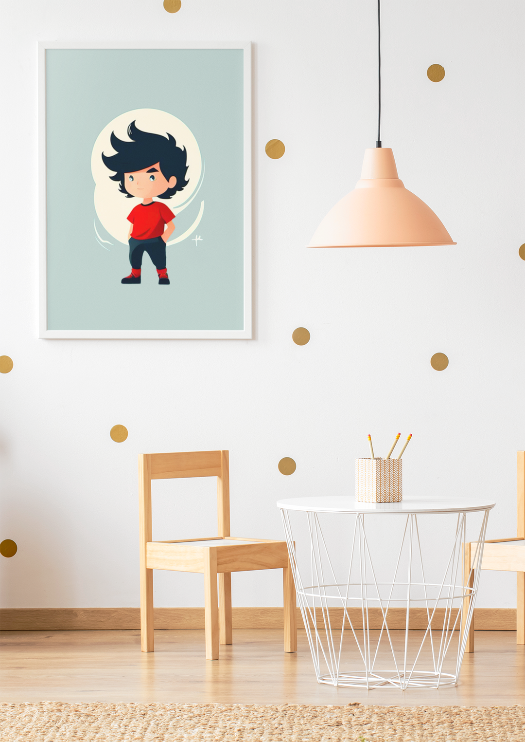 Children's room with a framed illustration of a boy on the wall, wooden chair, and white wire table.