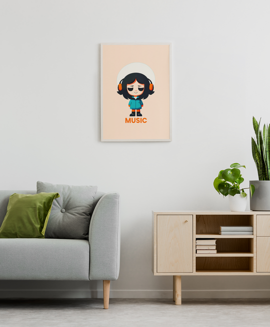 Modern living room with a framed illustration of a character wearing headphones and the word 'MUSIC' on the wall.