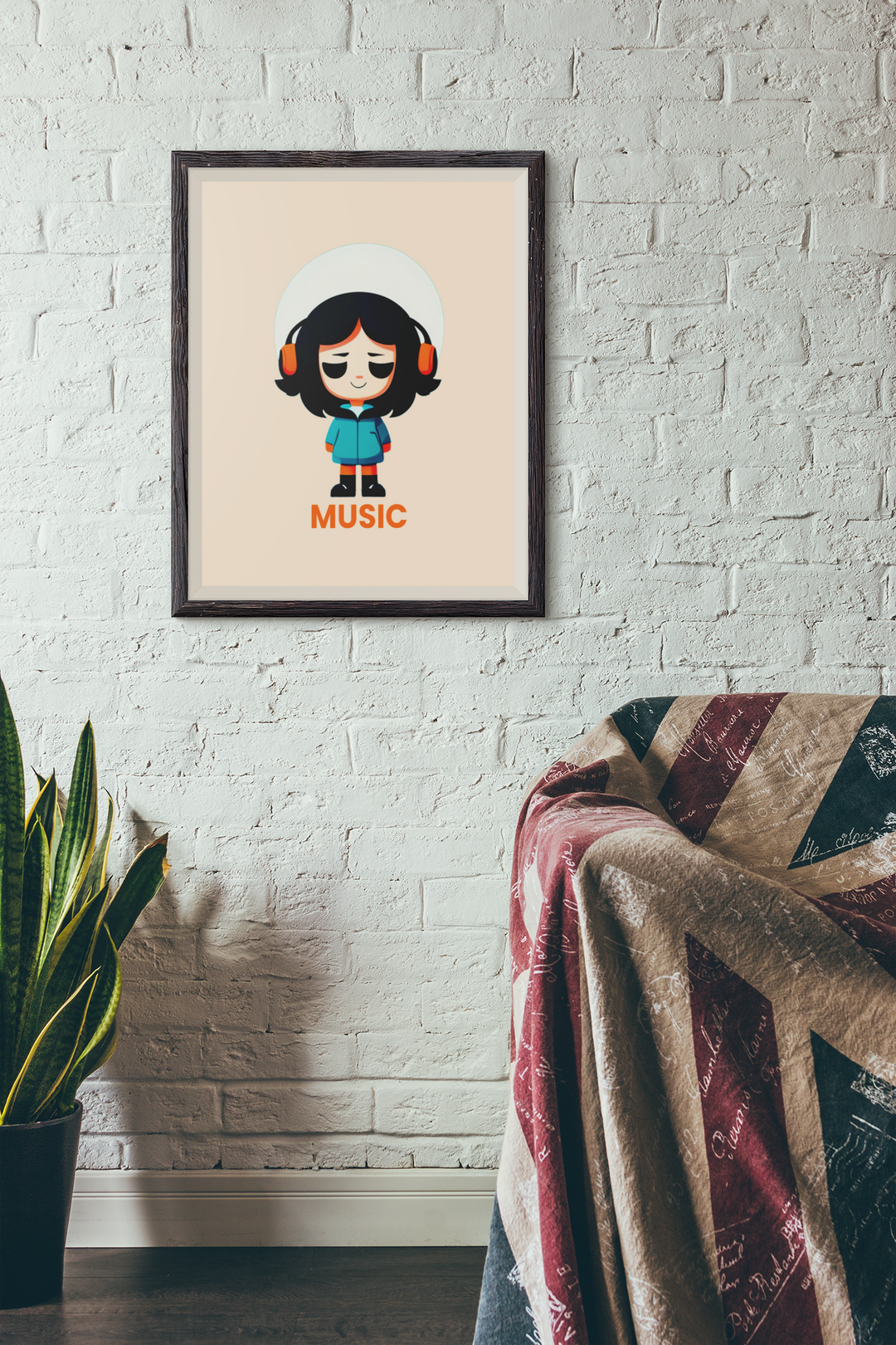 Framed poster of a character wearing headphones with 'Music' text on a white brick wall.
