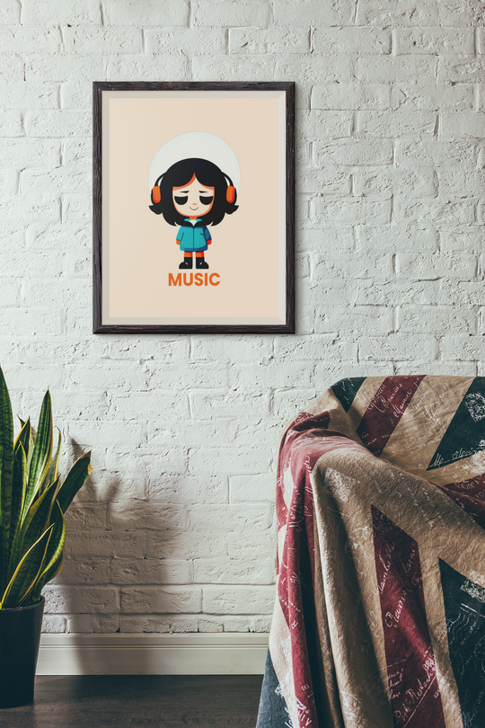 Framed poster of a character wearing headphones with 'Music' text on a white brick wall.