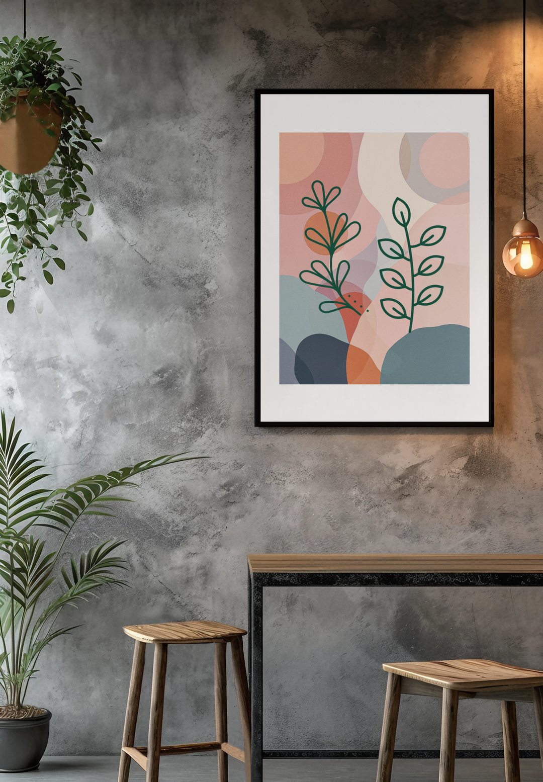Framed abstract art print on a gray wall with plants and a table below.