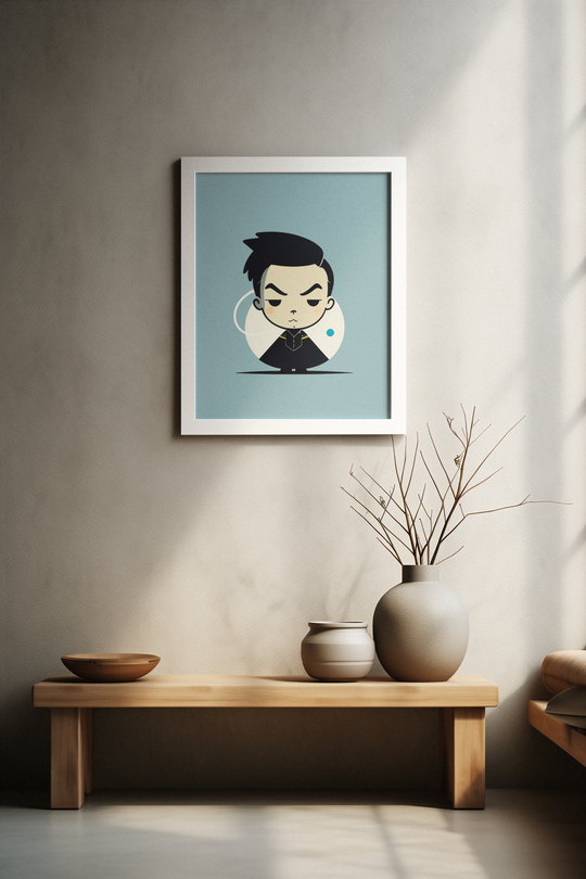 Framed artwork of a cartoon character with headphones on a wall above a wooden bench.