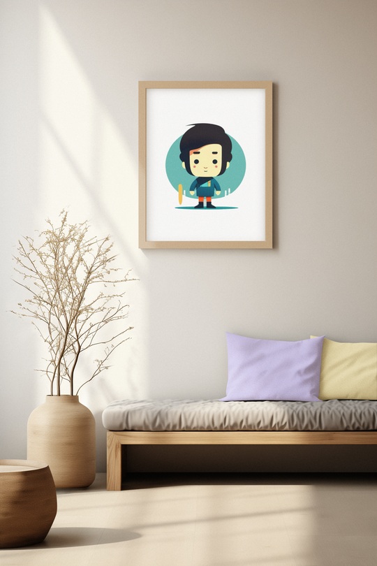 Framed artwork of a moonlit landscape with a house over a lake in a living room.
