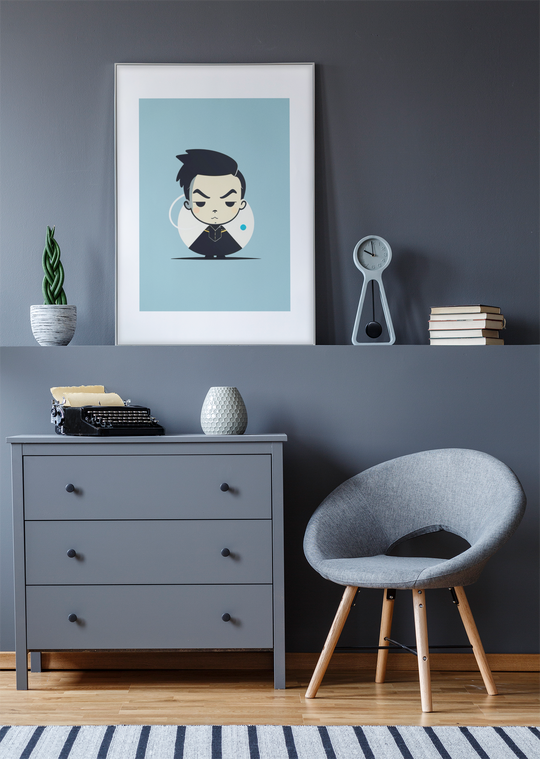 Minimalist character poster featuring a stylish figure in black attire with a confident expression, set against a soft pastel background.