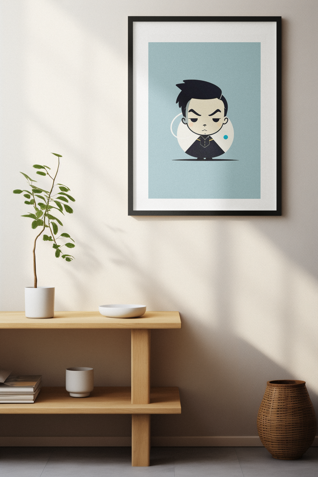 Minimalist character poster featuring a stylish figure in black attire with a confident expression, set against a soft pastel background.
