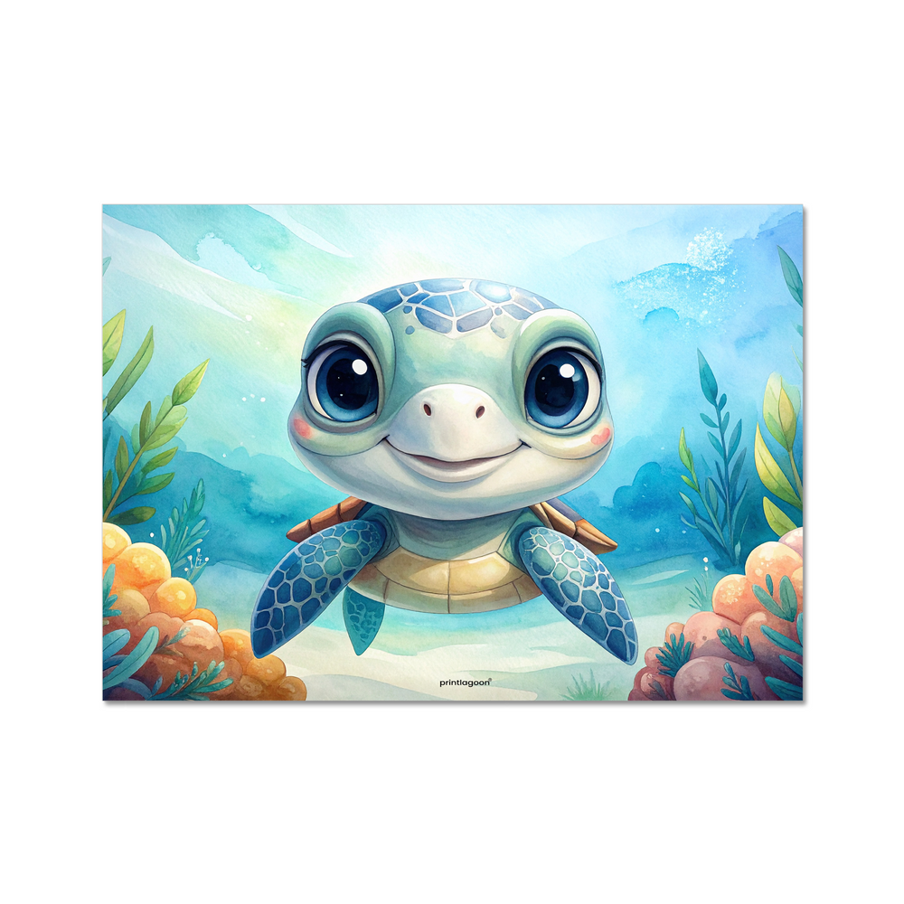 Illustration of a cute turtle in an underwater scene with plants and rocks.
