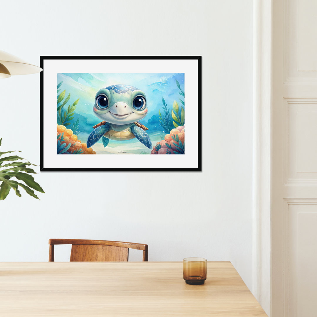 Framed artwork of a cartoon turtle in an underwater scene on a wall above a table.